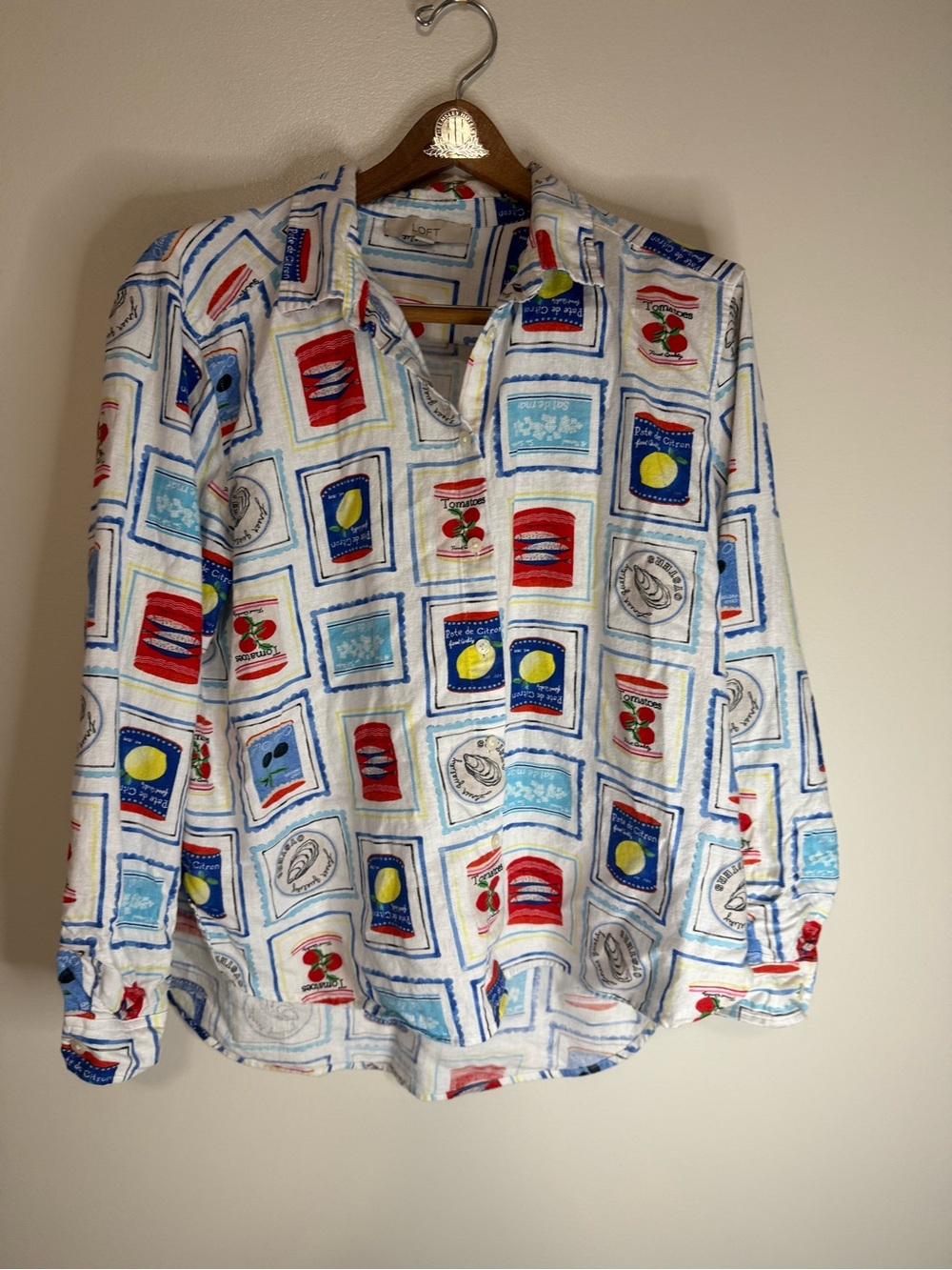 Loft White Graphic Button-Up Shirt with Blue & Red Print linen blend size Large